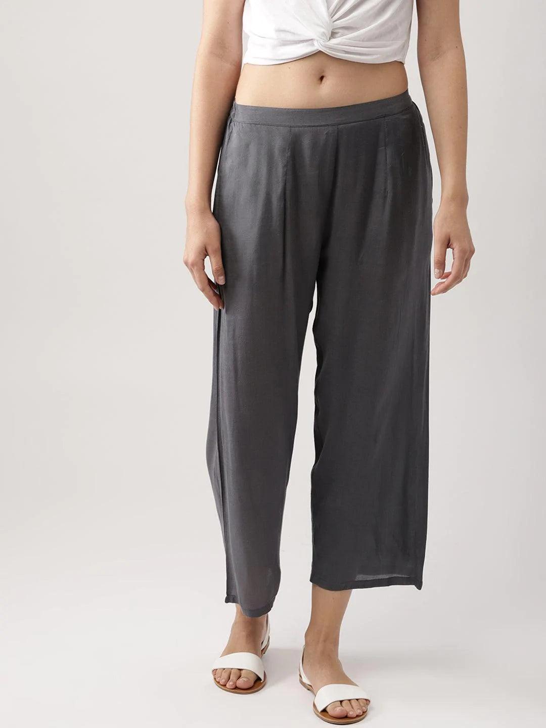 Grey Solid Viscose Palazzos - ShopLibas