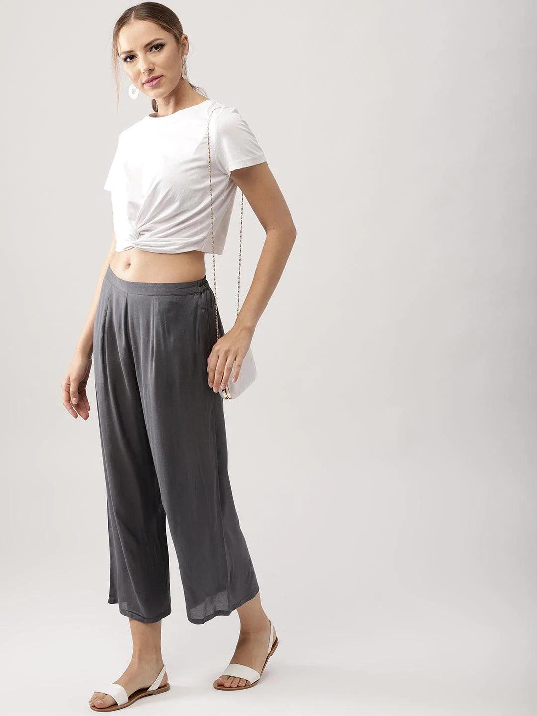 Grey Solid Viscose Palazzos - ShopLibas 