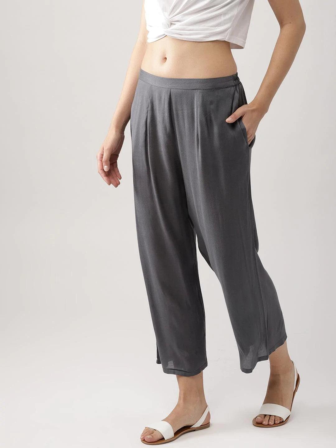 Grey Solid Viscose Palazzos - ShopLibas 