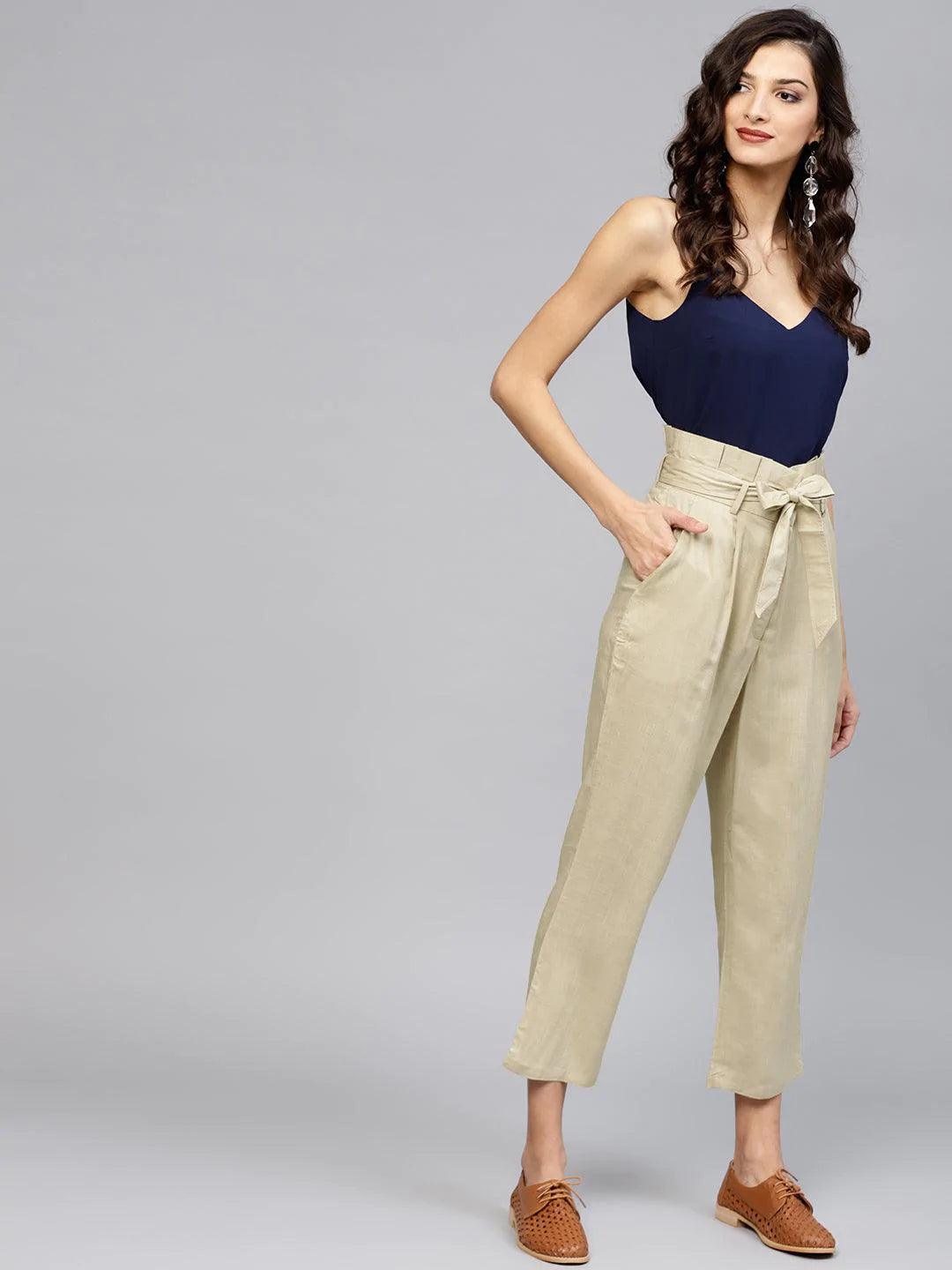 Beige Solid Rayon Trousers - ShopLibas