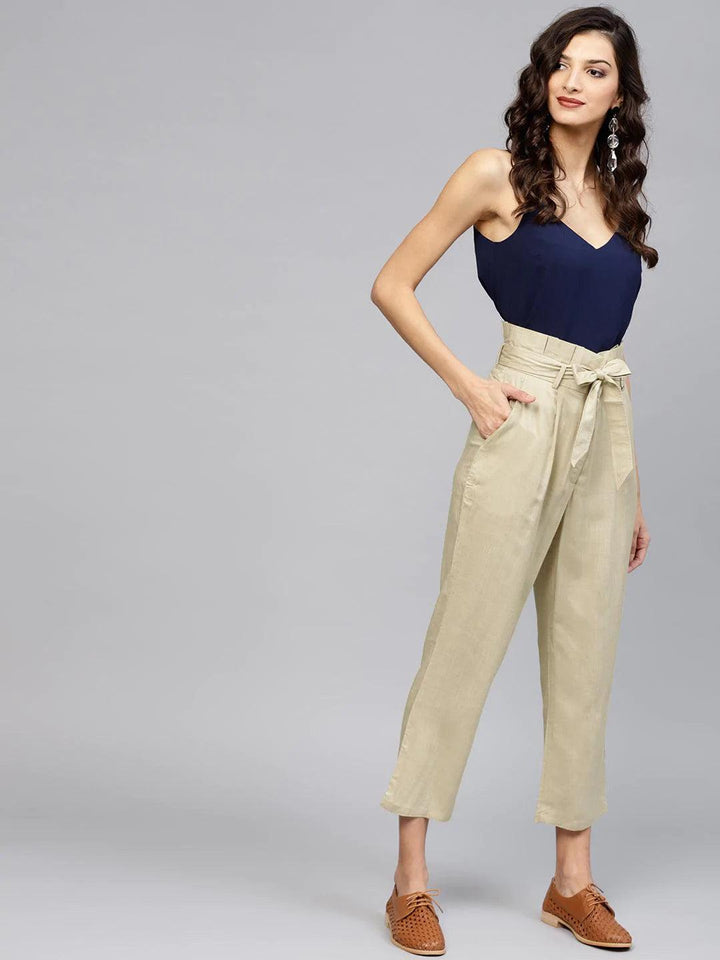 Beige Solid Rayon Trousers - ShopLibas