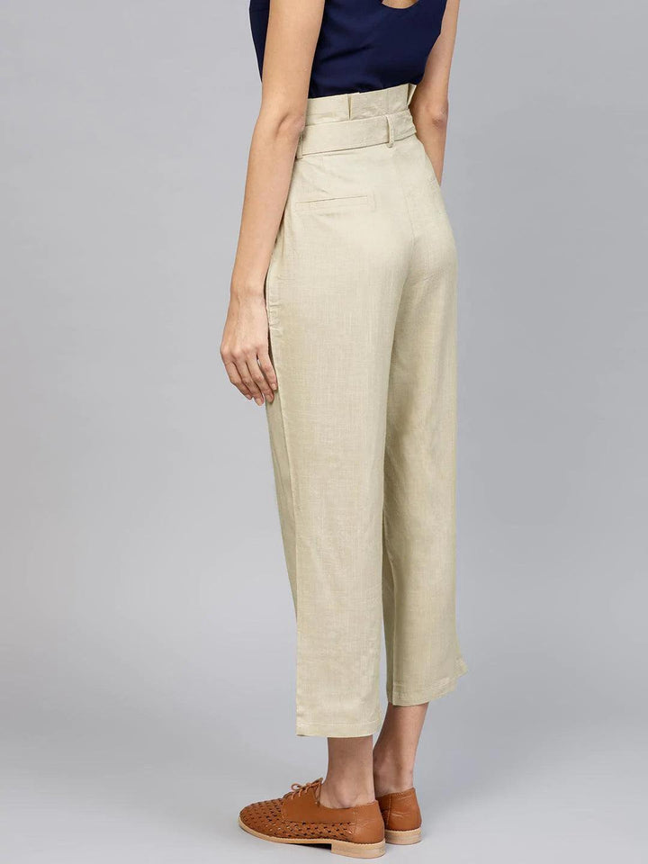 Beige Solid Rayon Trousers - ShopLibas
