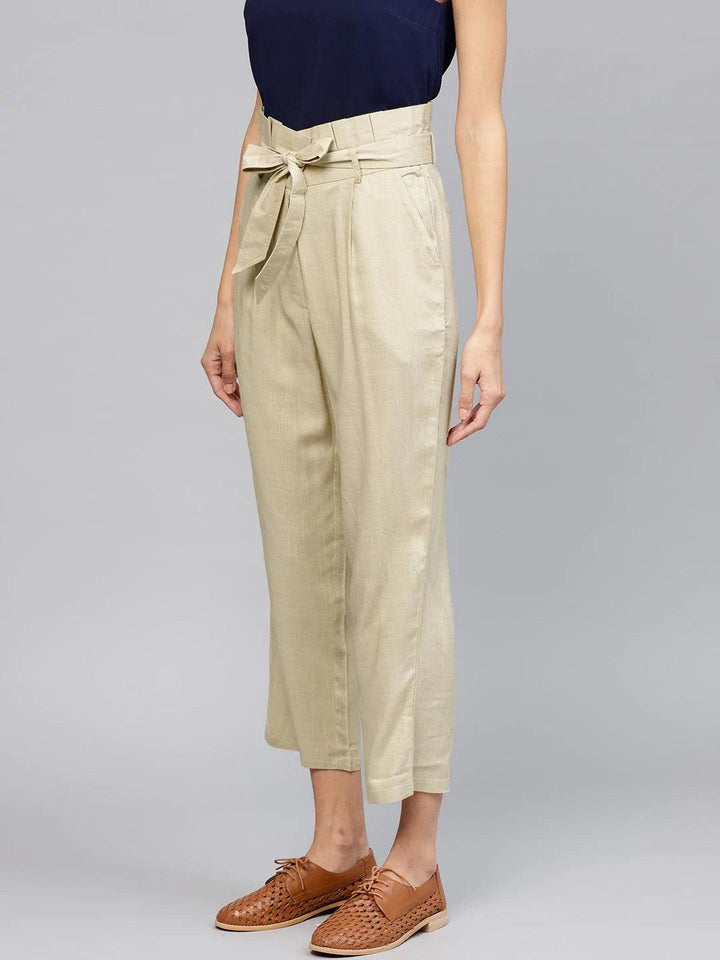 Beige Solid Rayon Trousers - ShopLibas