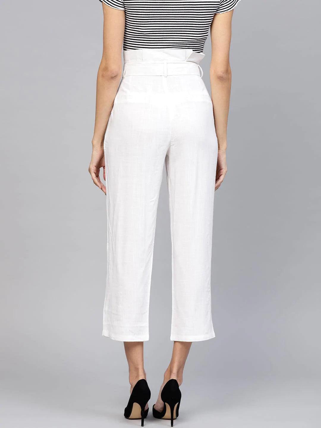 White Solid Rayon Trousers - ShopLibas