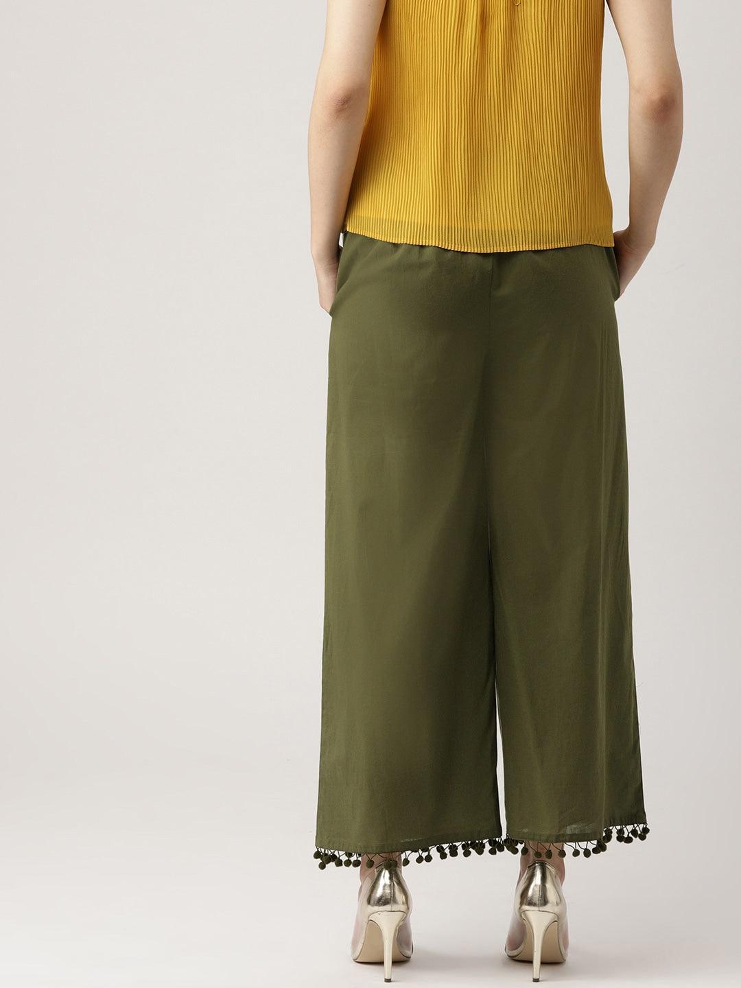 Green Solid Cotton Palazzos - ShopLibas 
