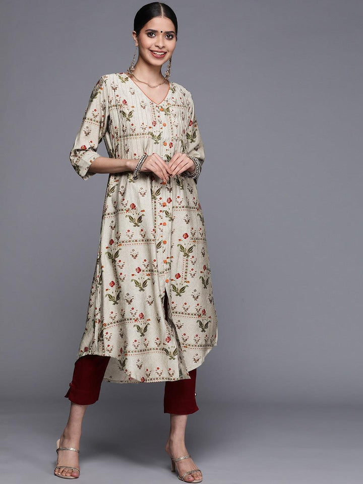 Grey Printed Chanderi Silk Kurta - ShopLibas