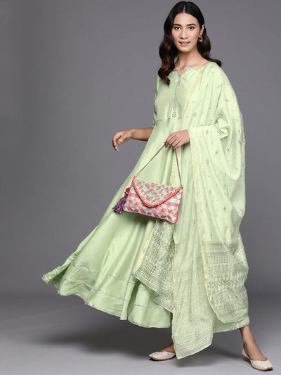 Green Solid Silk Dress With Dupatta - ShopLibas