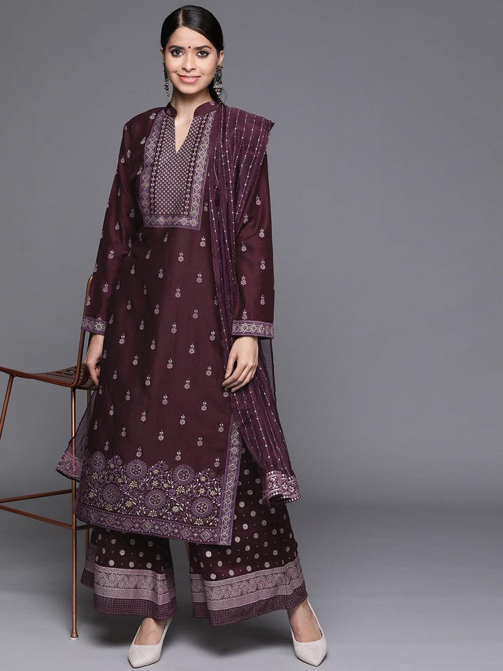Purple Printed Silk Blend Suit Set - ShopLibas