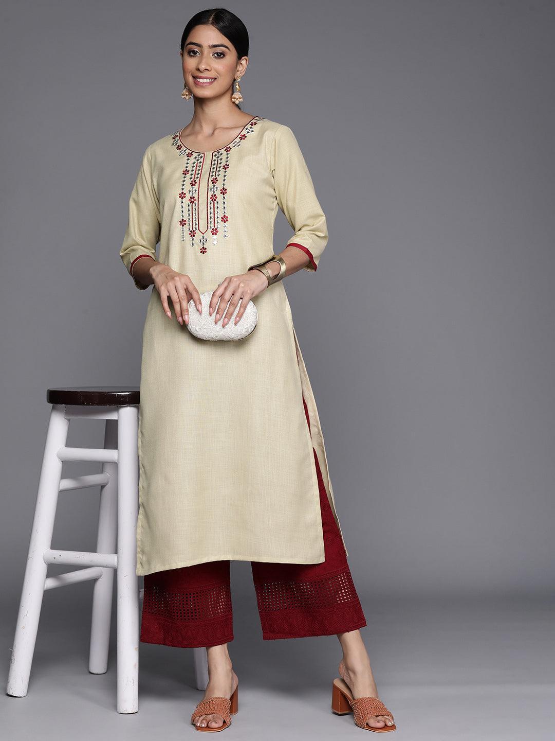 Beige Embroidered Cotton Straight Kurta - Libas 