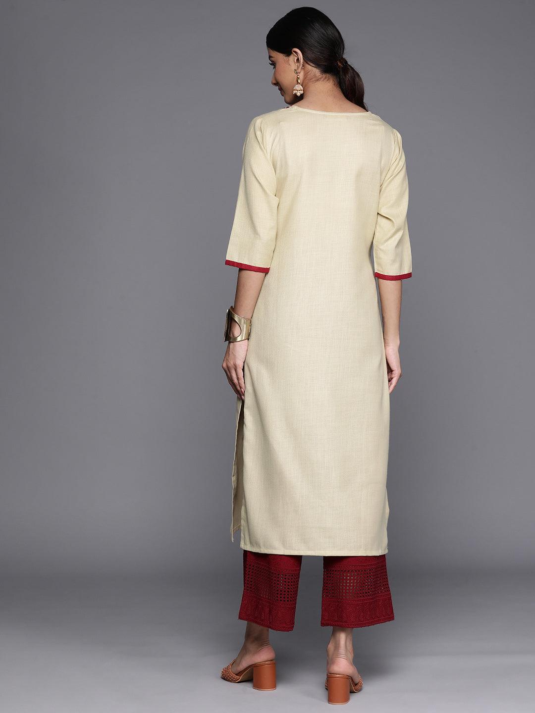 Beige Embroidered Cotton Straight Kurta - Libas 