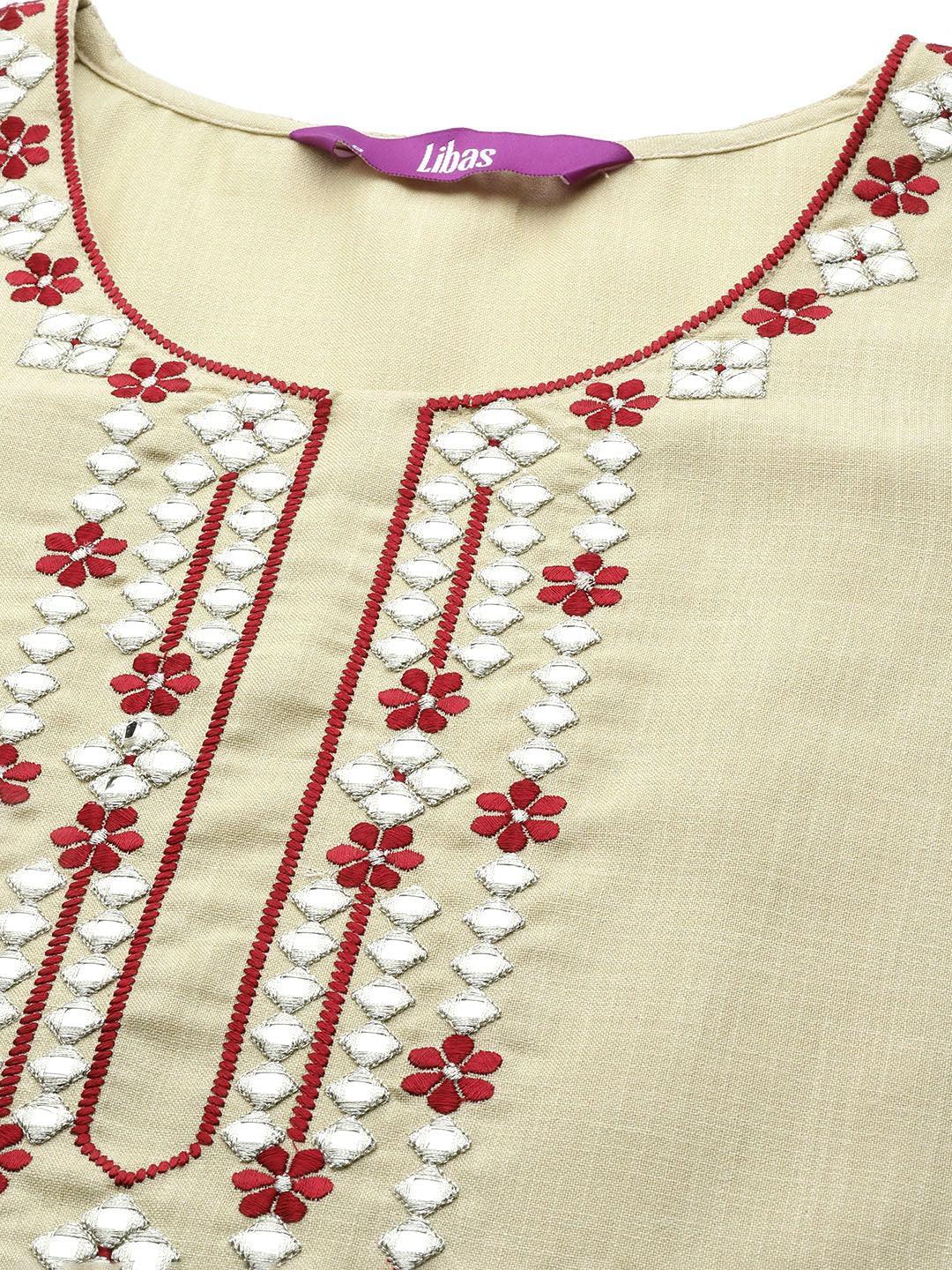 Beige Embroidered Cotton Straight Kurta - Libas 
