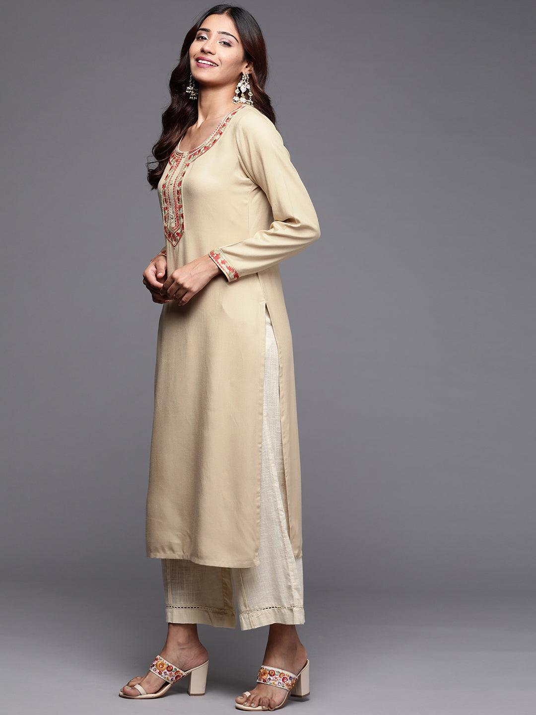 Beige Embroidered Pashmina Wool Straight Kurta - Libas 