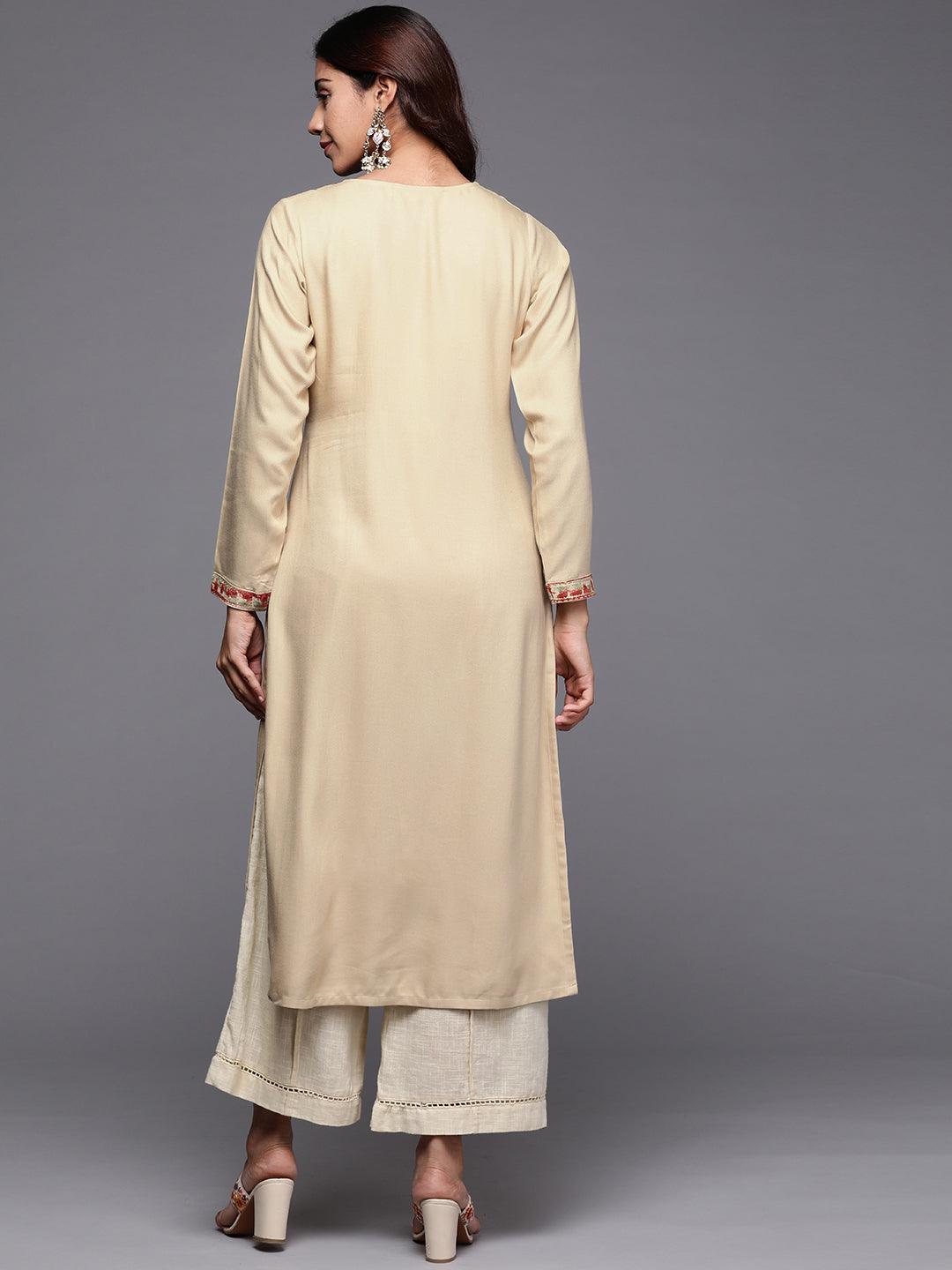 Beige Embroidered Pashmina Wool Straight Kurta - Libas 
