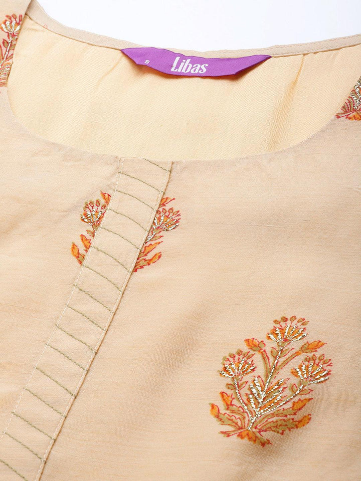Beige Printed Chanderi Silk Suit Set - ShopLibas