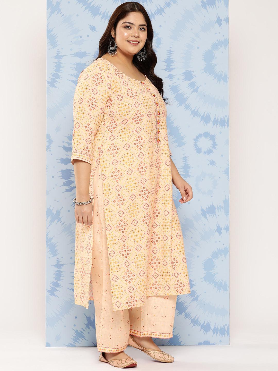 Beige Printed Cotton Blend Straight Kurta With Trousers - Libas 
