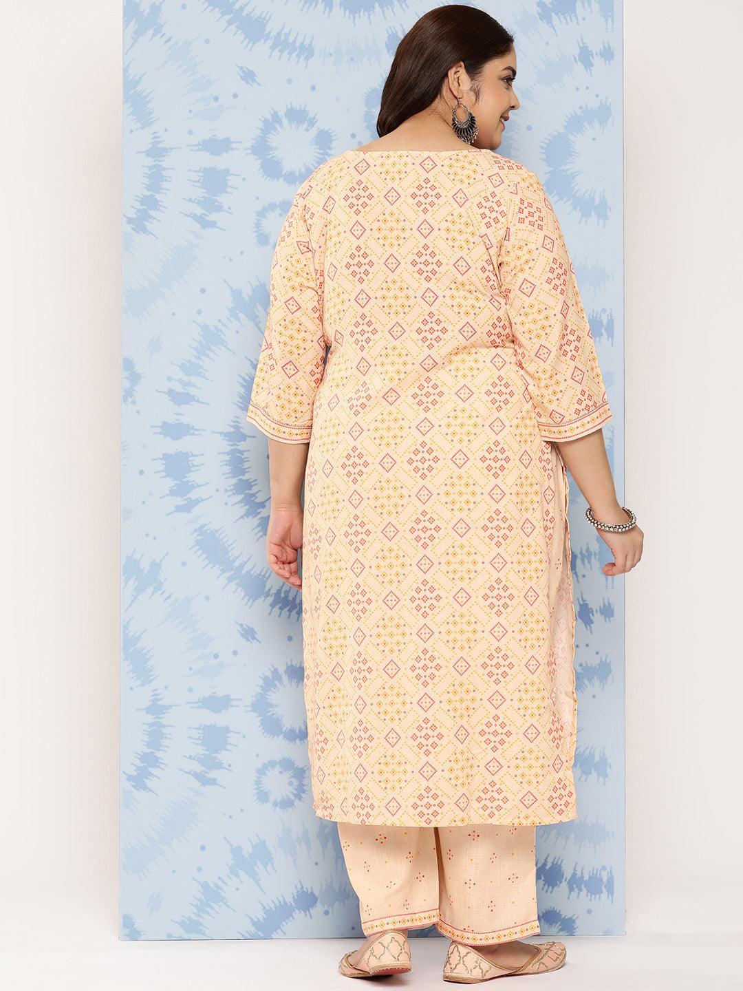 Beige Printed Cotton Blend Straight Kurta With Trousers - Libas 