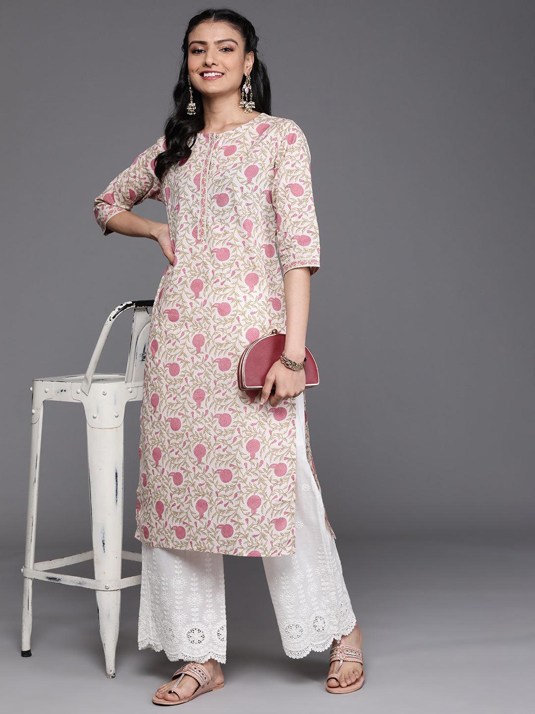Beige Printed Cotton Kurta - ShopLibas