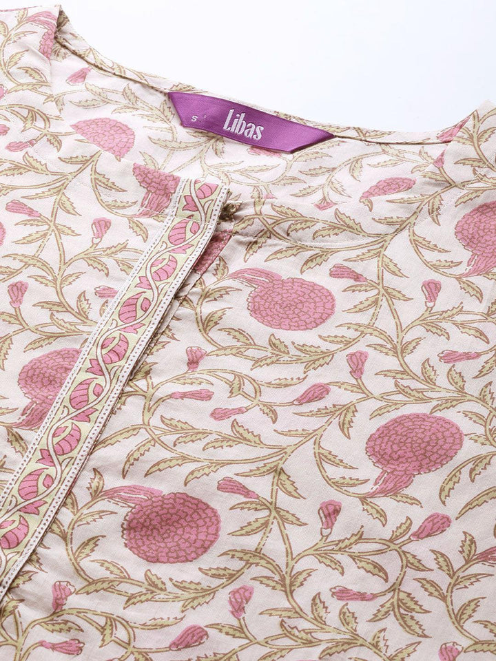 Beige Printed Cotton Kurta - ShopLibas