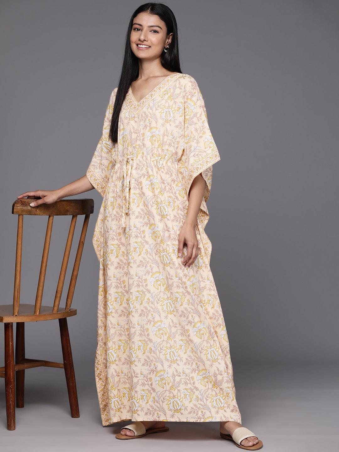Beige Printed Cotton Night Dress - Libas 