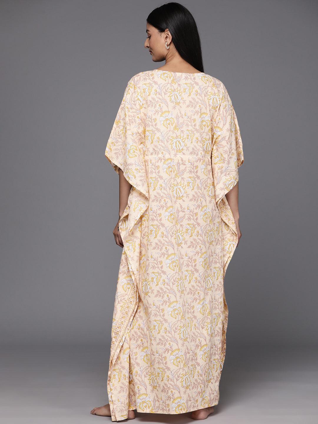 Beige Printed Cotton Night Dress - Libas 