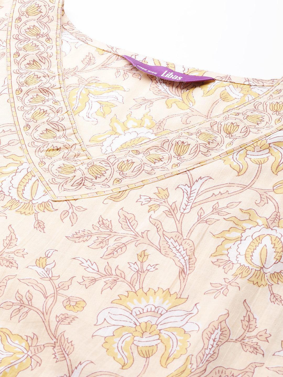 Beige Printed Cotton Night Dress - Libas 