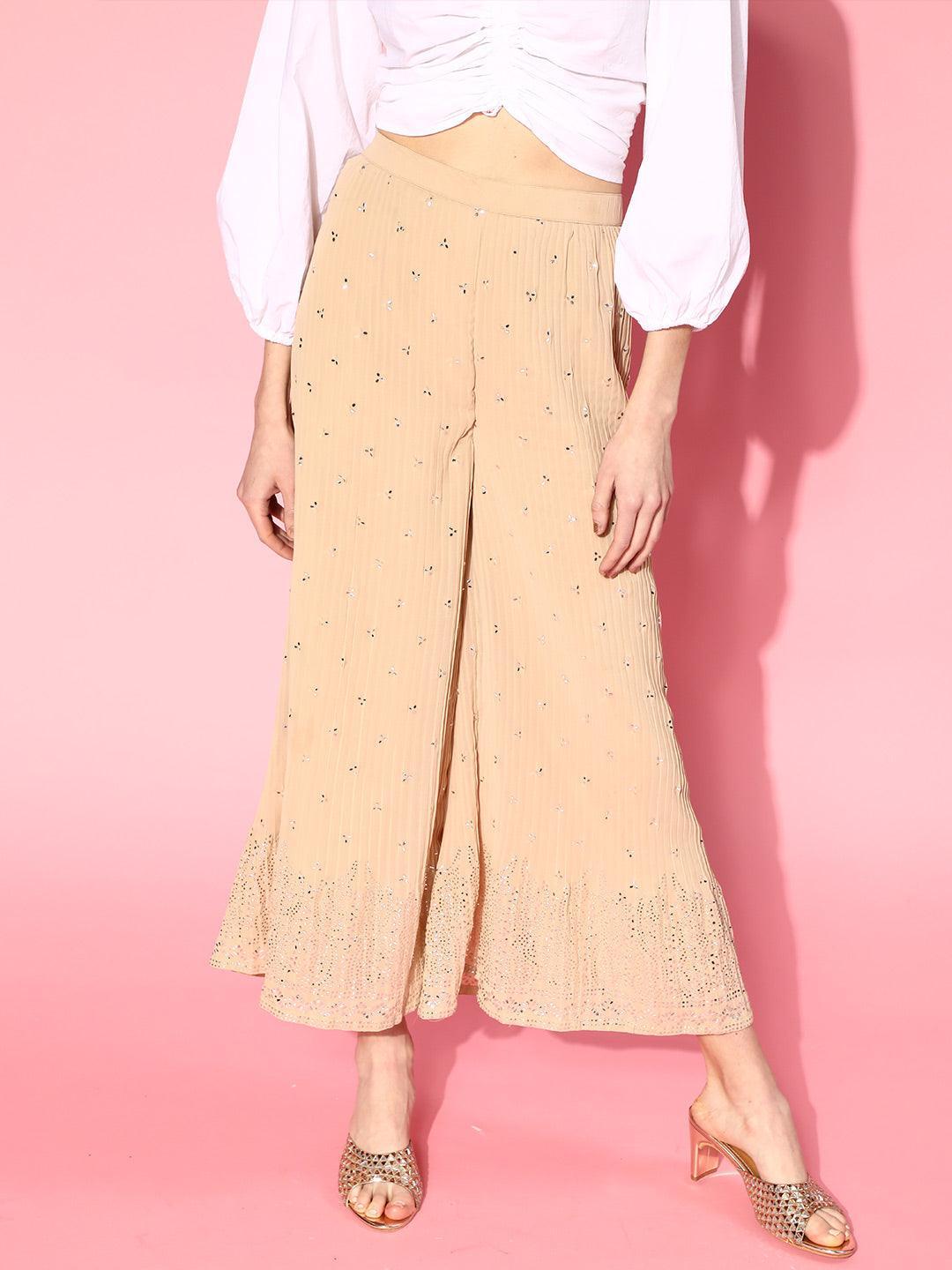 Beige Printed Georgette Palazzos - ShopLibas