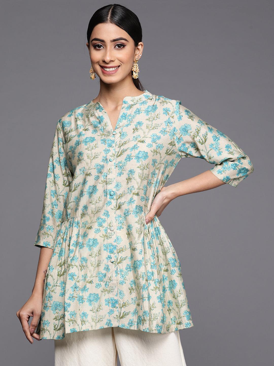 Beige Printed Silk Blend A-Line Kurti - ShopLibas