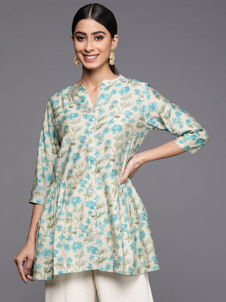 Beige Printed Silk Blend A-Line Kurti - ShopLibas