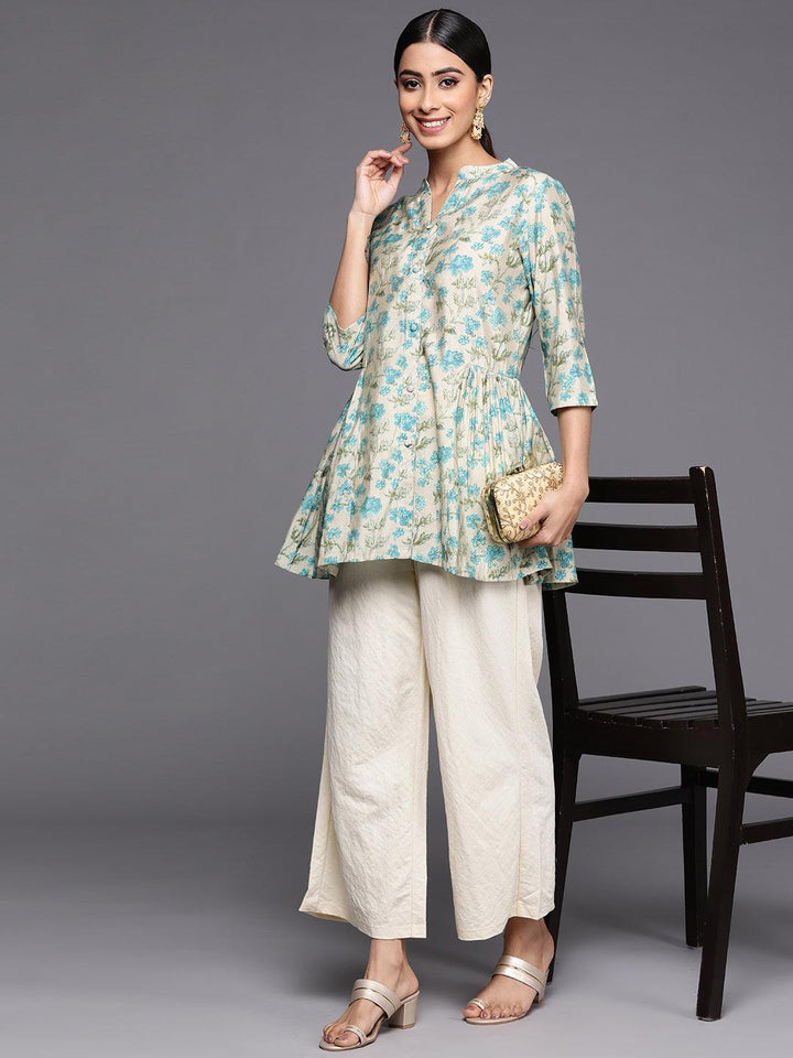 Beige Printed Silk Blend A-Line Kurti - ShopLibas