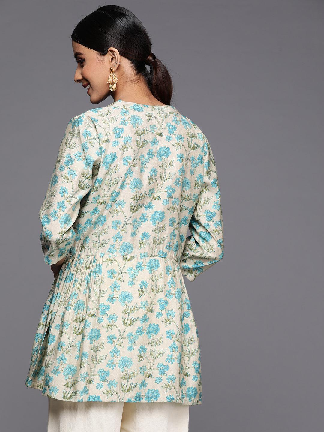 Beige Printed Silk Blend A-Line Kurti - ShopLibas