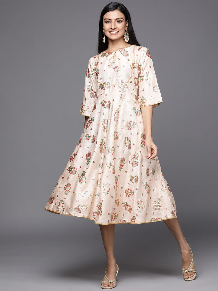 Beige Printed Silk Empire Dress - ShopLibas