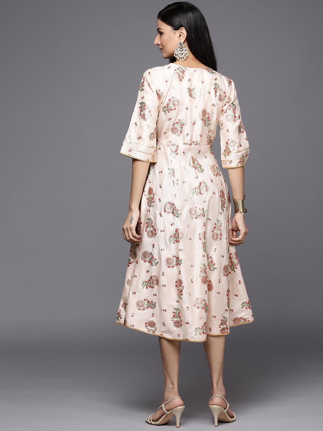 Beige Printed Silk Empire Dress - ShopLibas