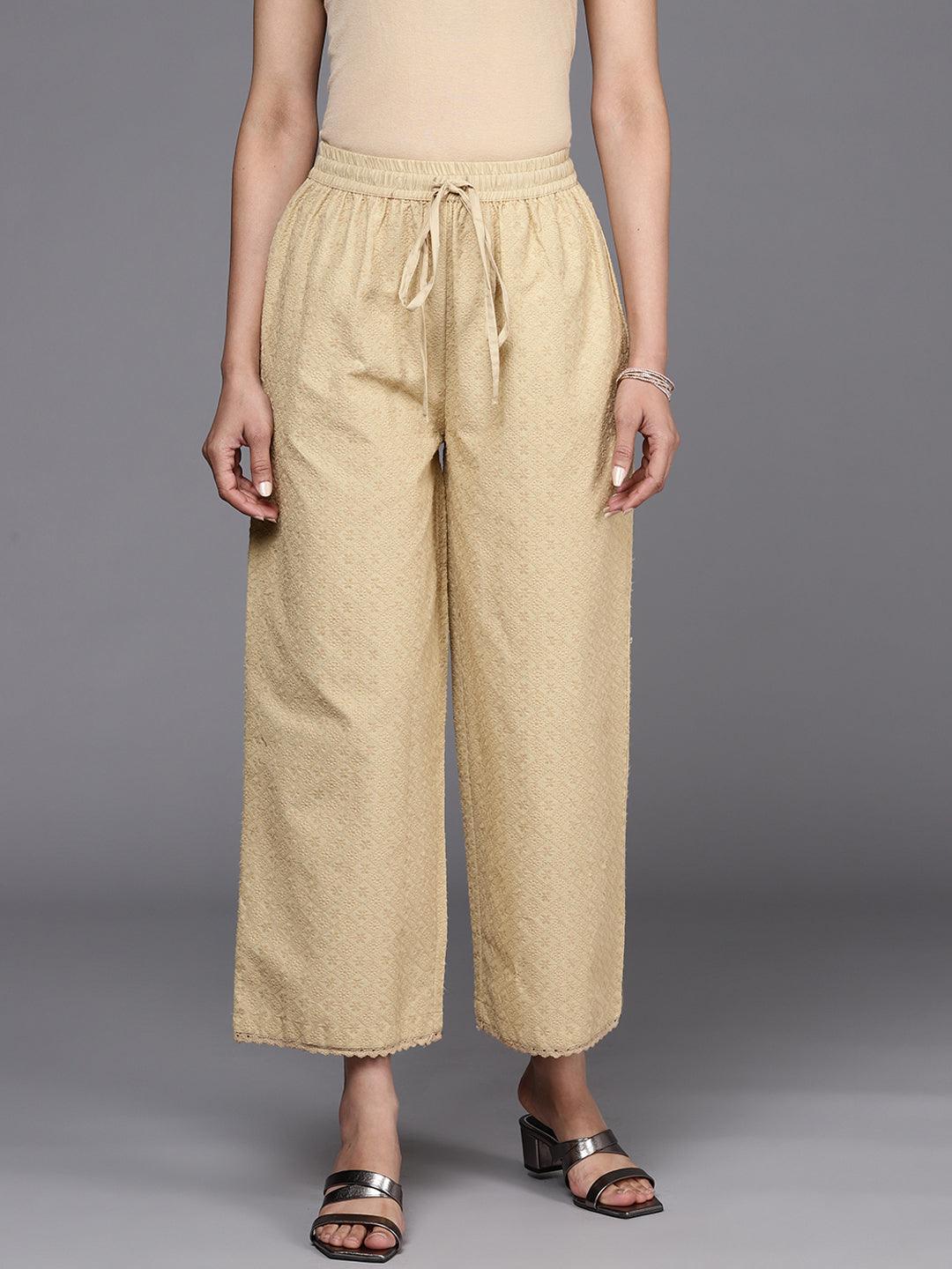 Beige Self Design Cotton Palazzos - ShopLibas
