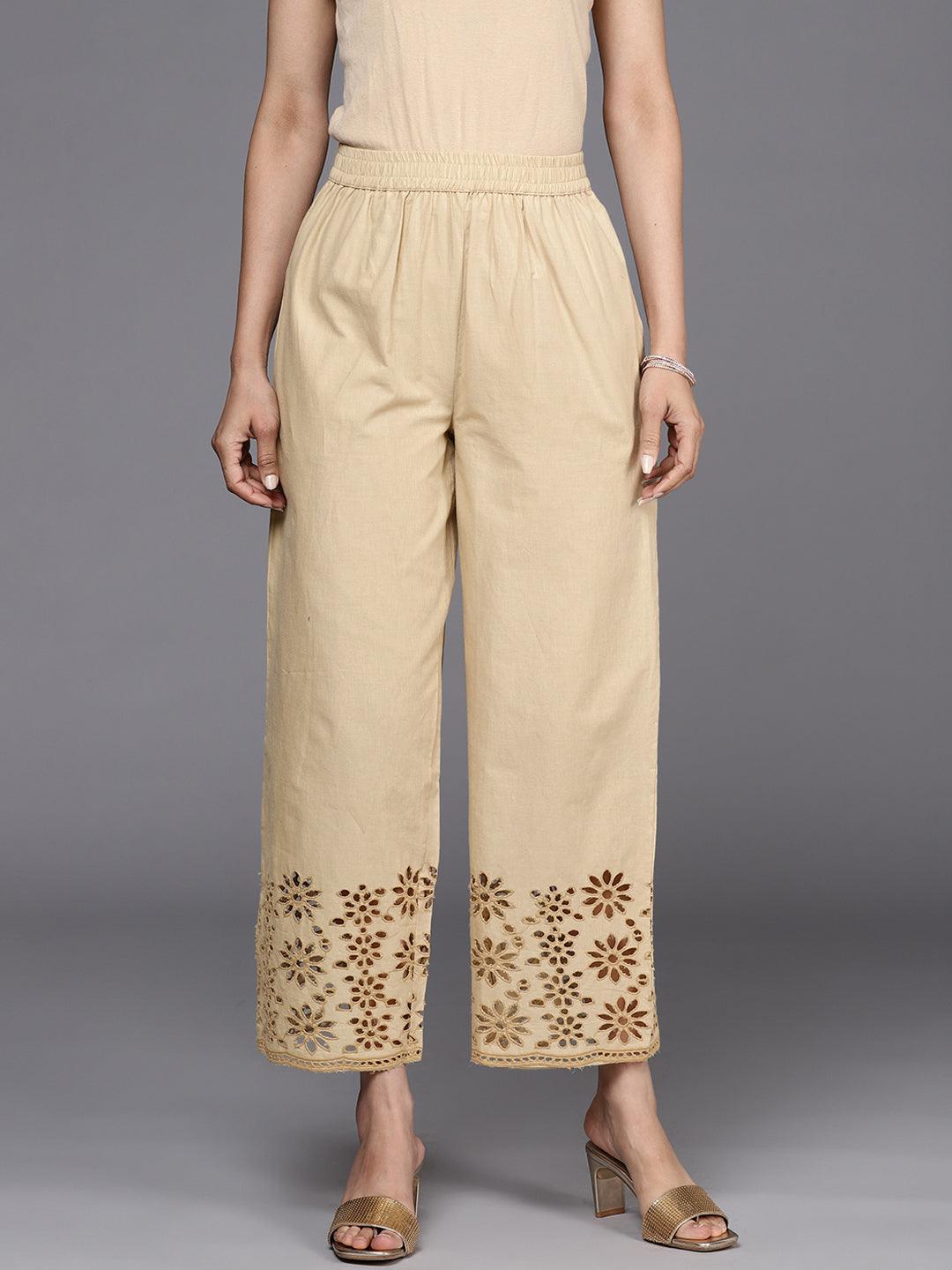 Beige Solid Cotton Palazzos - ShopLibas