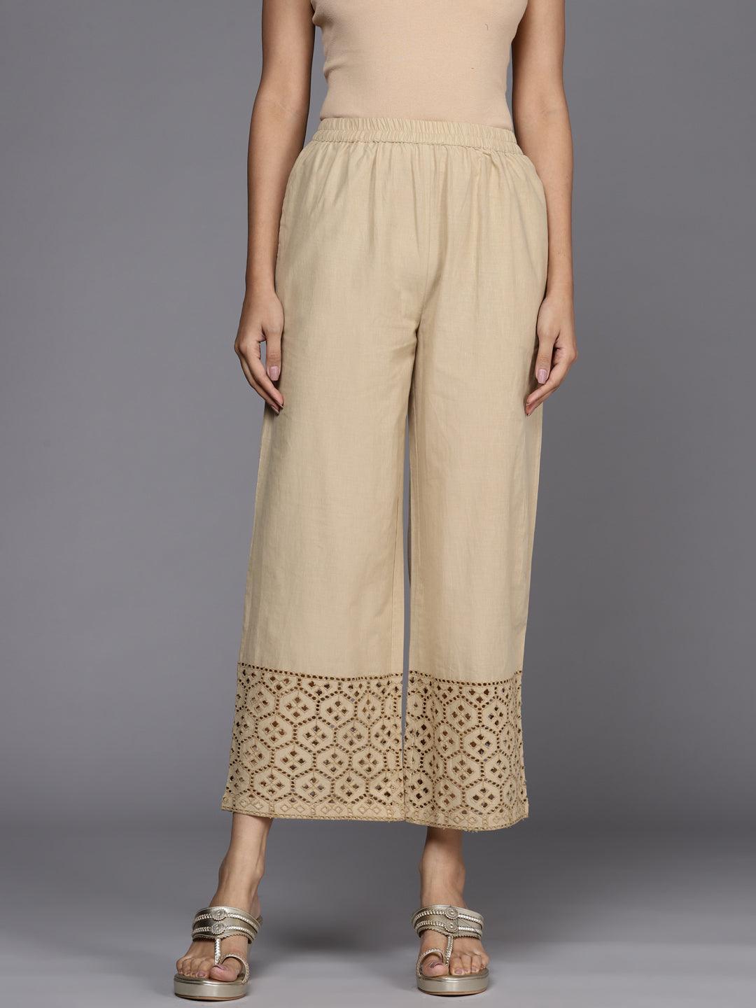 Beige Solid Cotton Palazzos - ShopLibas