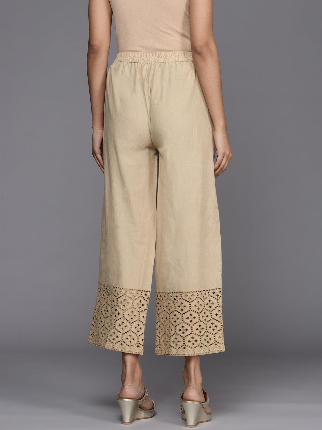 Beige Solid Cotton Palazzos - ShopLibas 