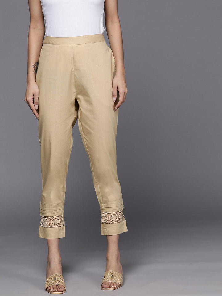 Beige Solid Cotton Trousers - ShopLibas