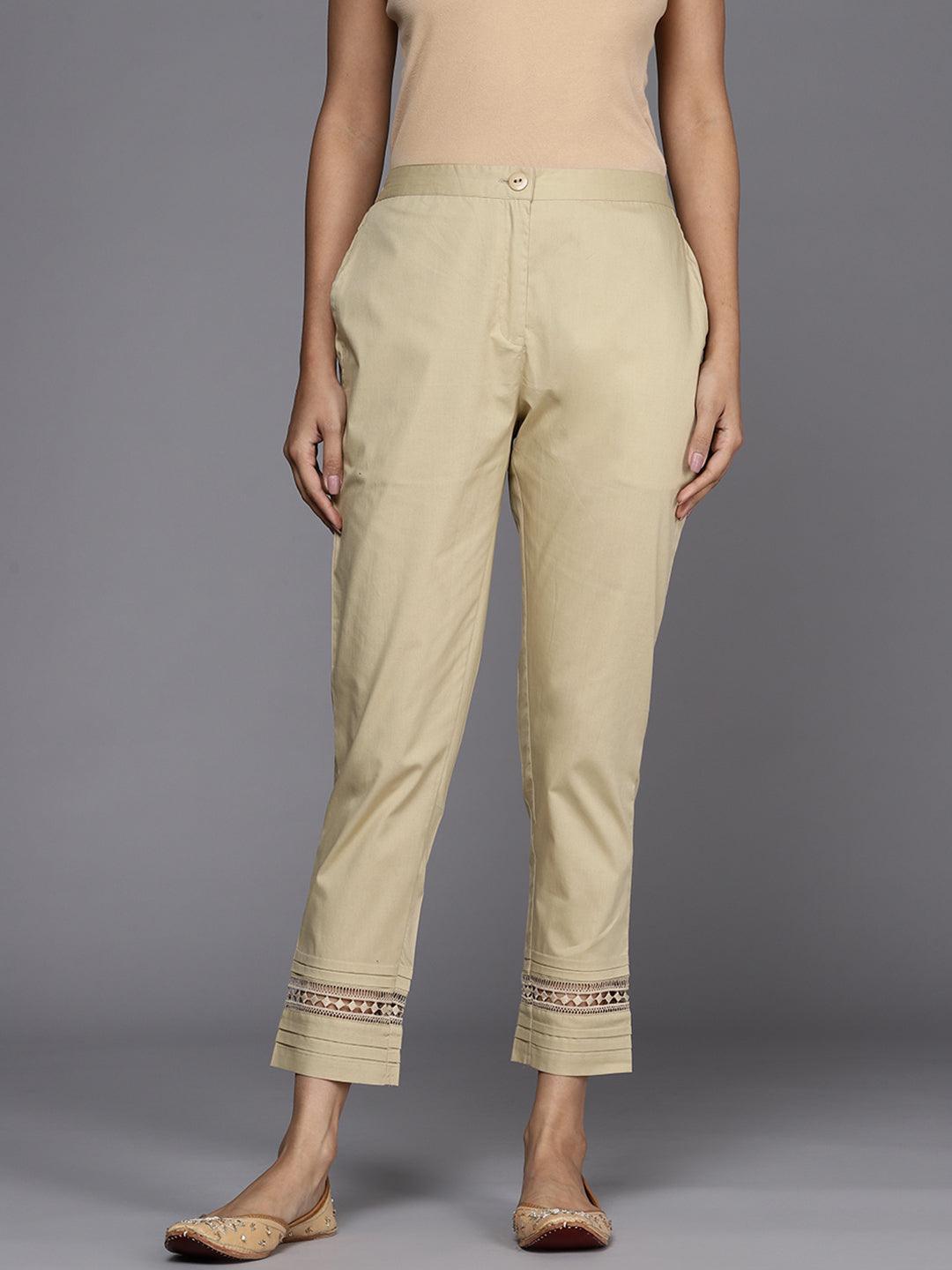 Beige Solid Cotton Trousers - ShopLibas