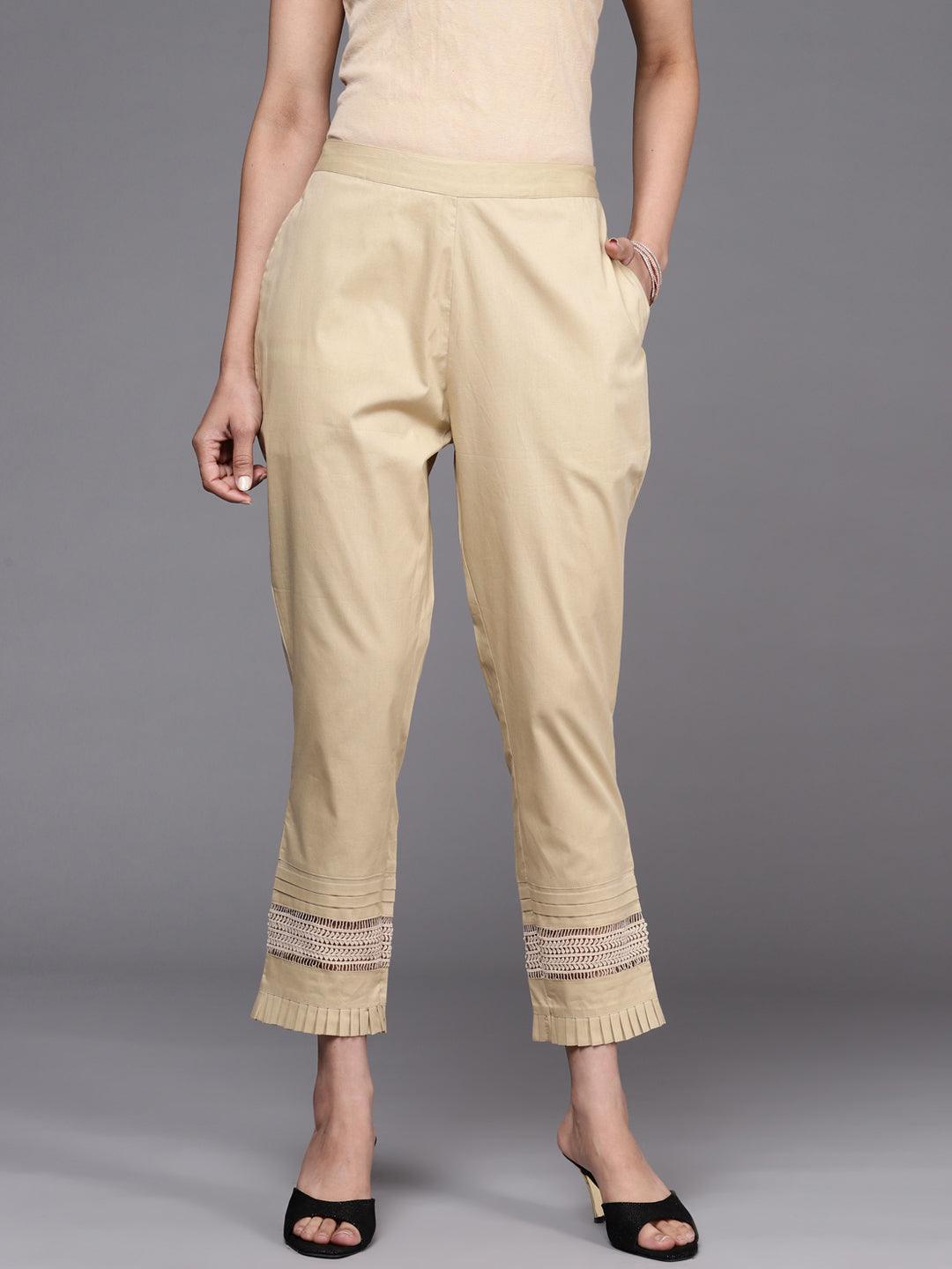 Beige Solid Cotton Trousers - ShopLibas