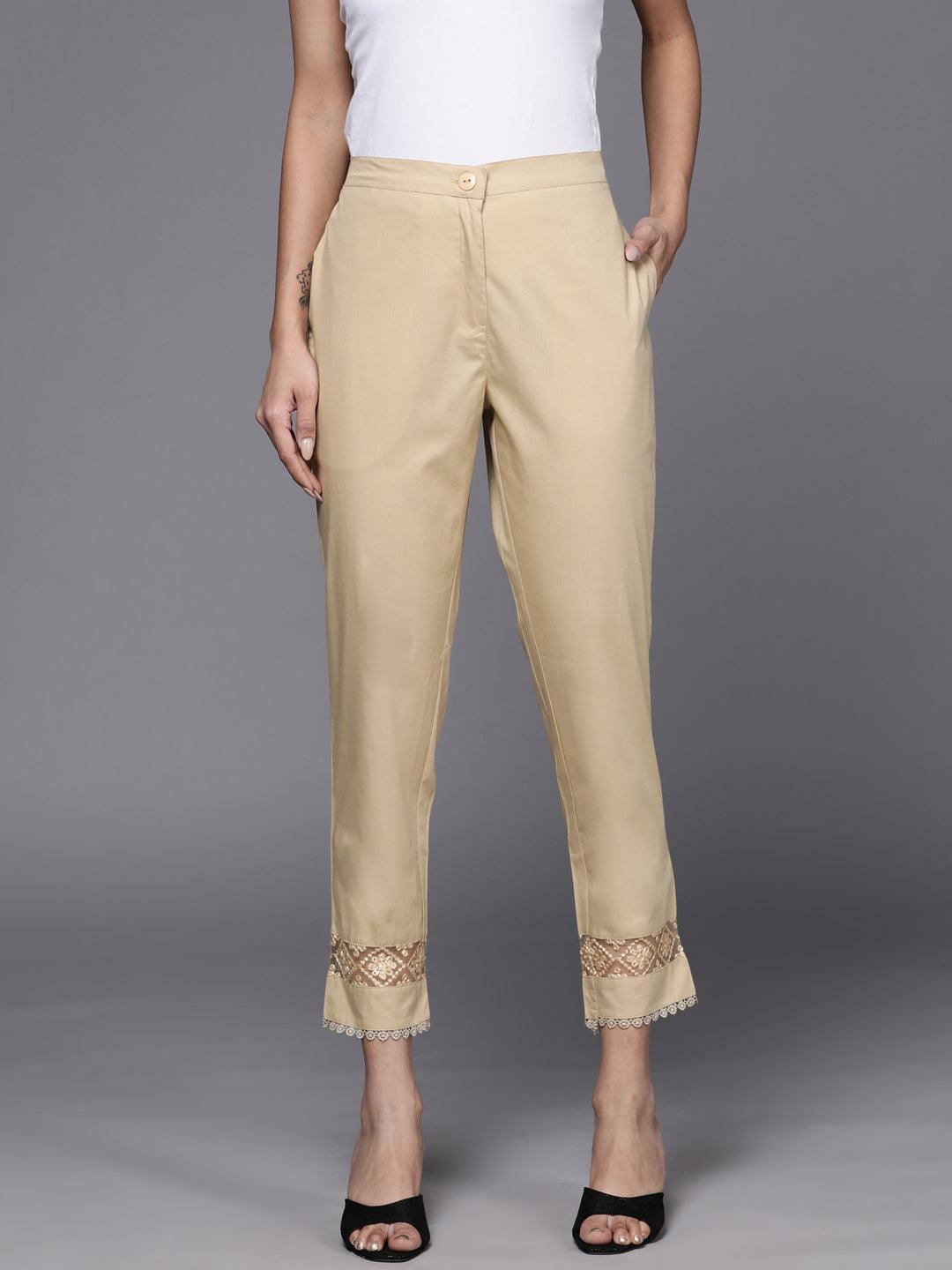 Beige Solid Cotton Trousers - ShopLibas
