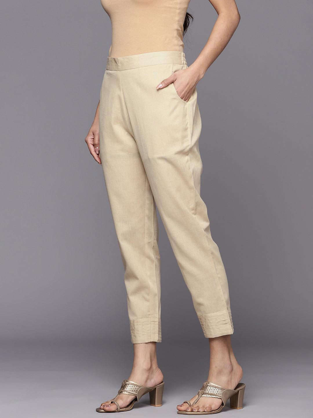 Beige Solid Cotton Trousers - ShopLibas 