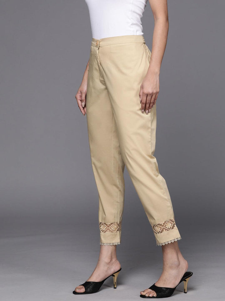 Beige Solid Cotton Trousers - ShopLibas
