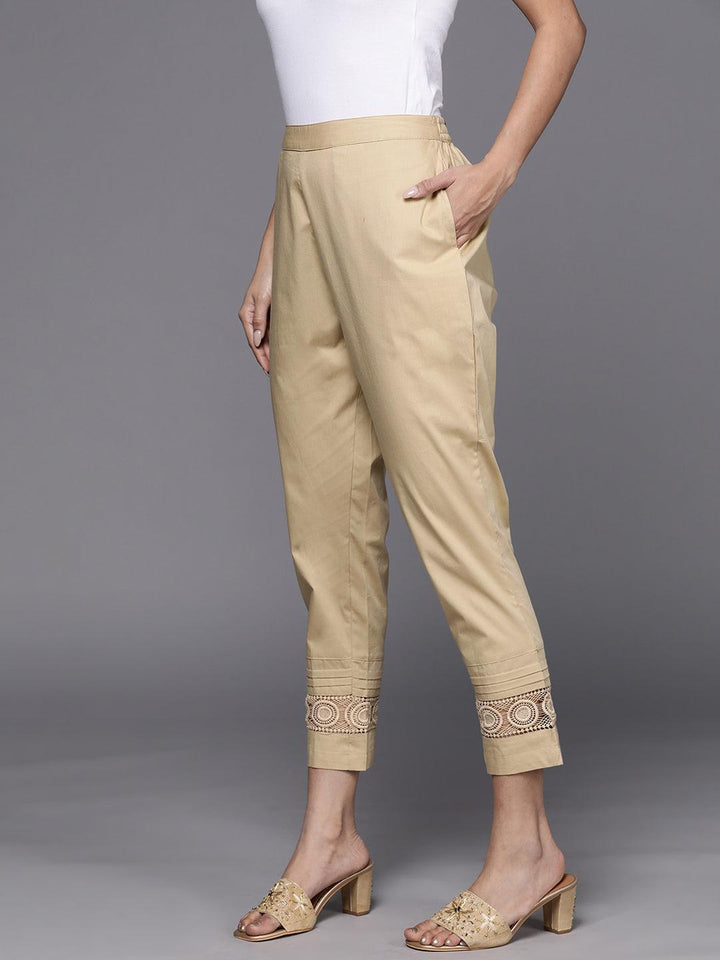 Beige Solid Cotton Trousers - ShopLibas