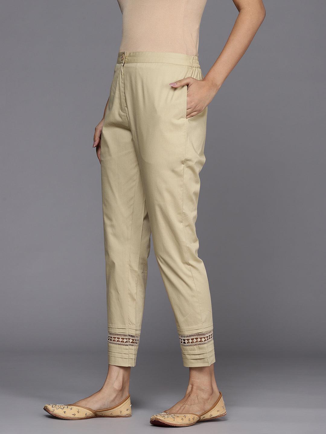 Beige Solid Cotton Trousers - ShopLibas 