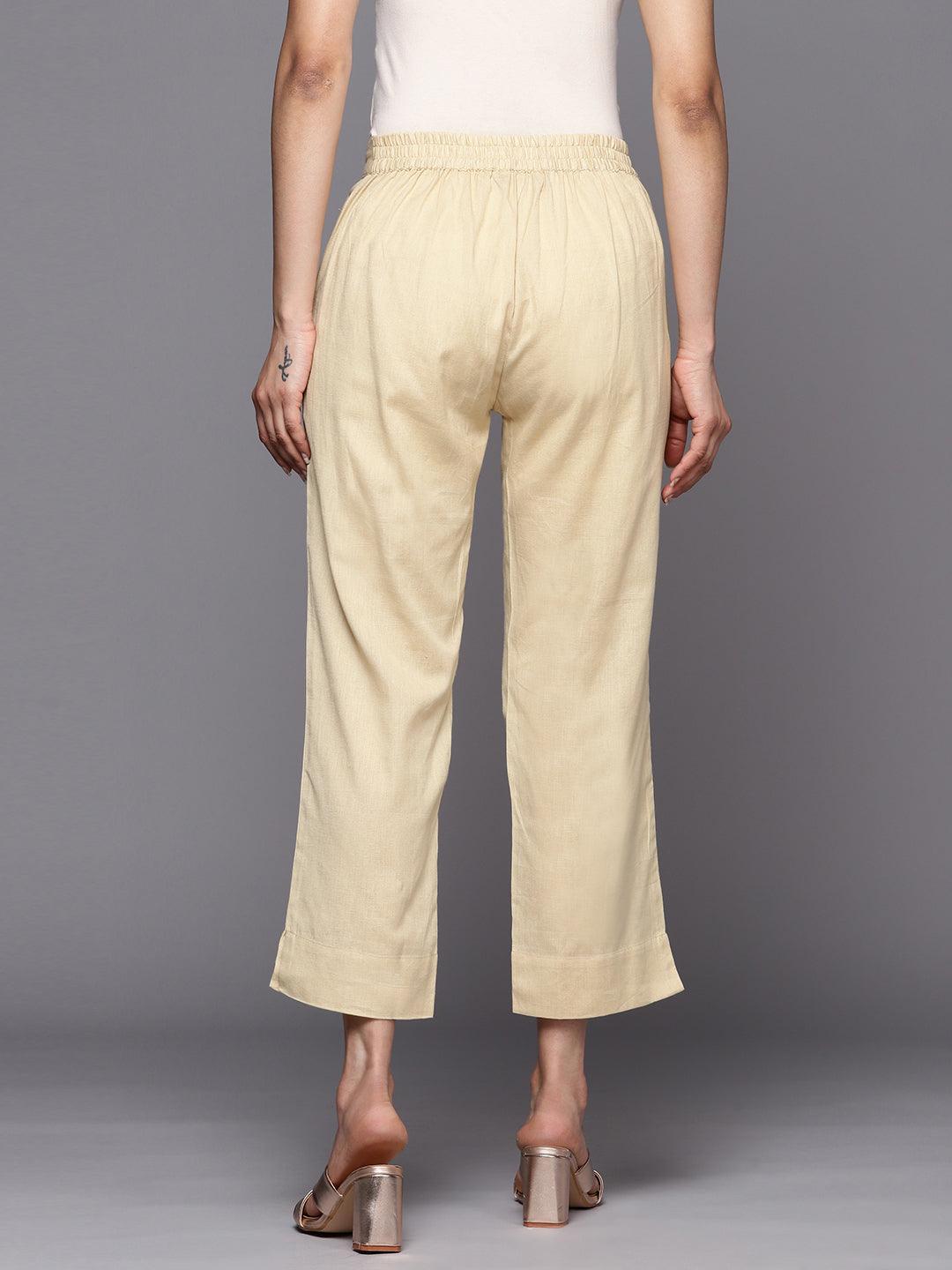 Beige Solid Cotton Trousers - ShopLibas 