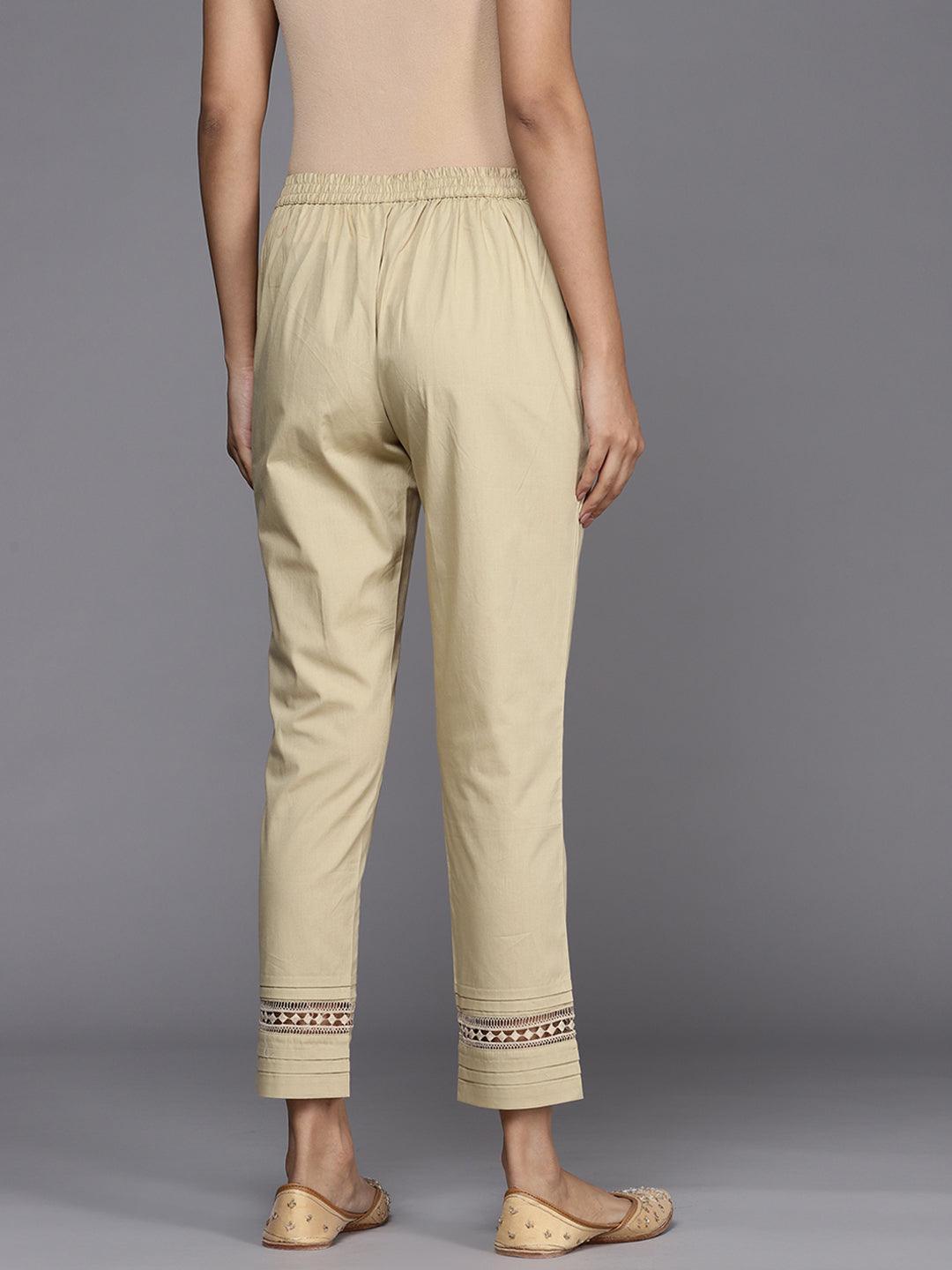 Beige Solid Cotton Trousers - ShopLibas 