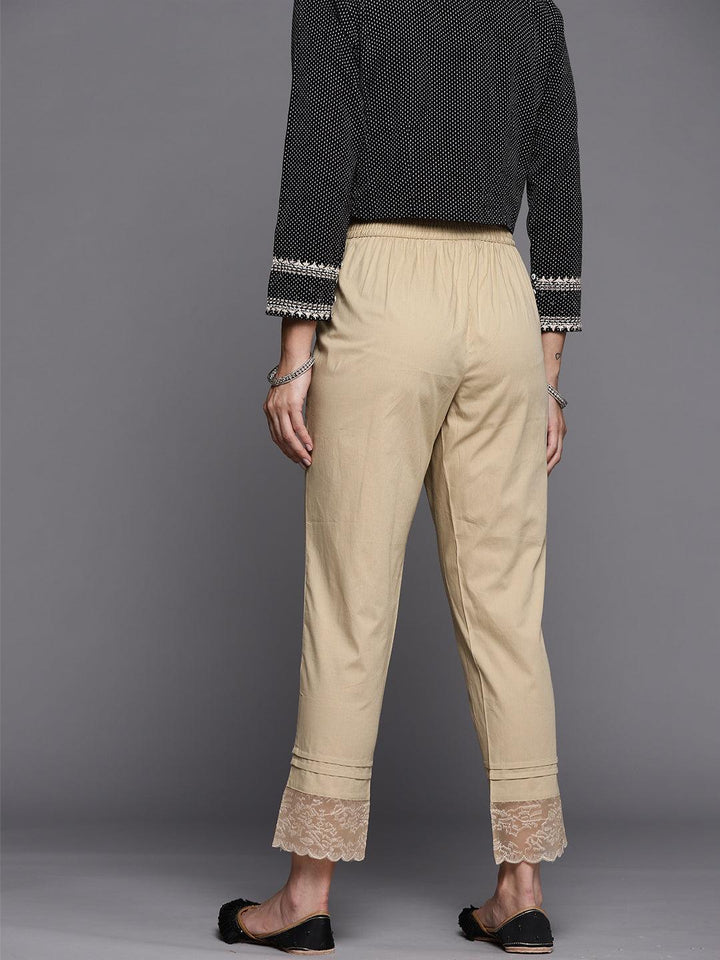 Beige Solid Cotton Trousers