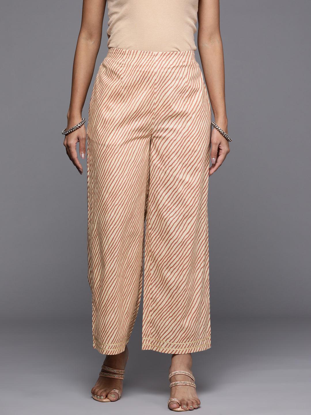 Beige Striped Cotton Palazzos - ShopLibas