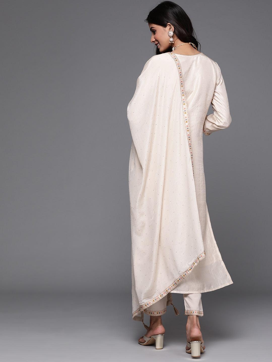 Beige Woven Design Silk Suit Set - ShopLibas