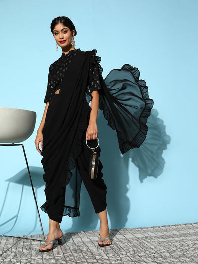 Black Embellished Georgette Dhoti Saree - Libas